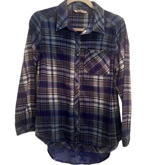 Soft Surroundings Boho Flannel Blouse Mixed Media Velvet Floral Panel In Back - Picture 1 of 6